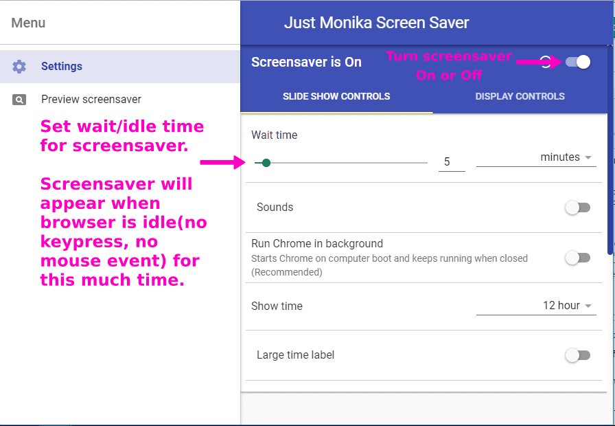 Configure the just monika screen saver settings