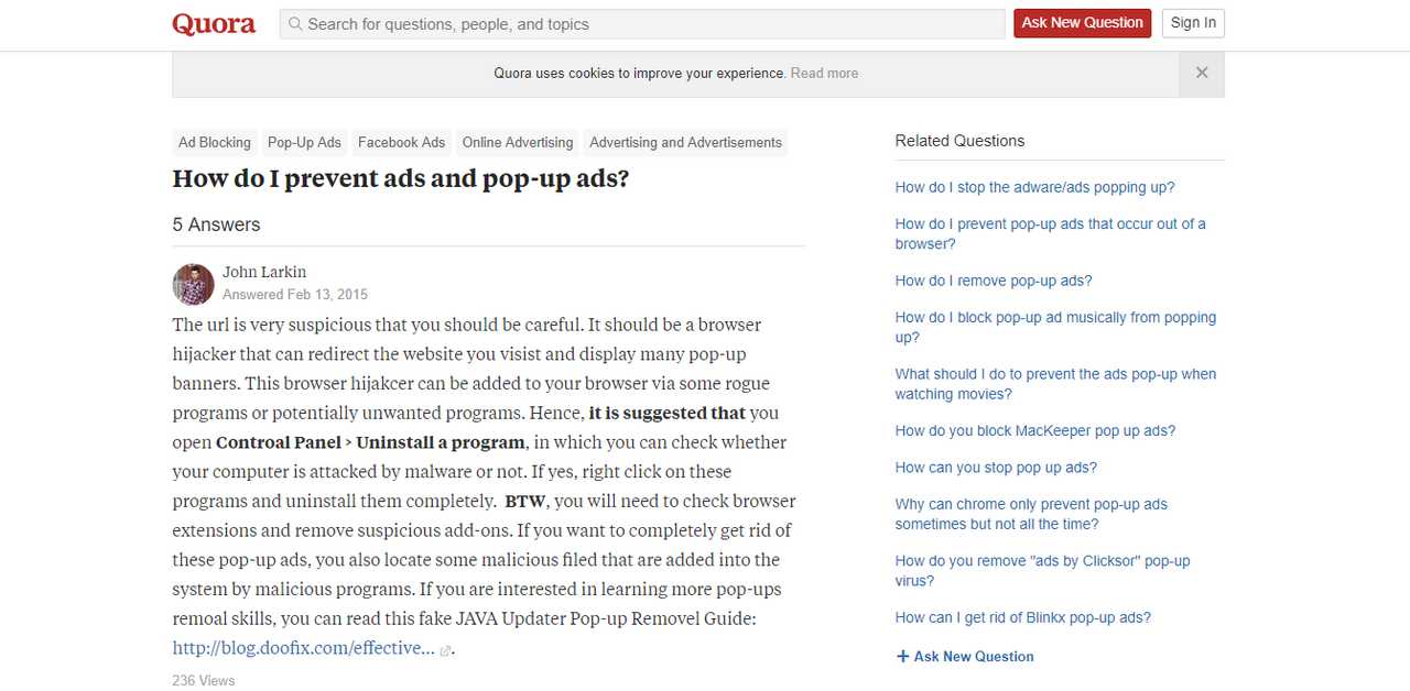 Quora popup after